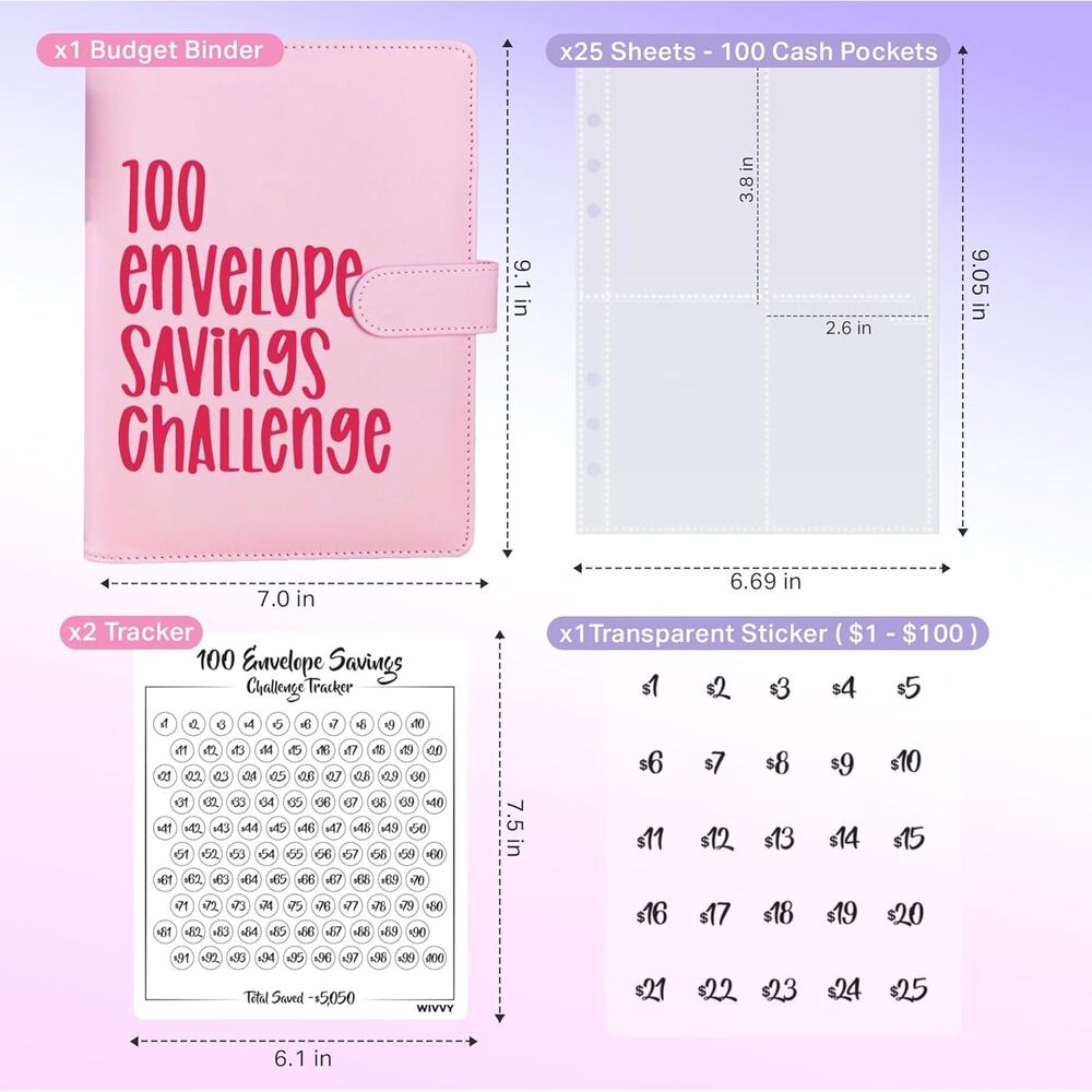 100 Day Money Savings Challenge Binder Book Cash Envelopes Save $5,050 - Pink